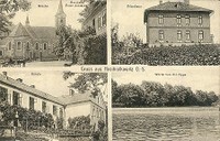 Hošťálkovice - kostel Všech svatých, fara, Obecná škola, pohled na řeku Opavu (jez) - rok 1910 