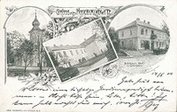 Hošťálkovice - původní kostel Všech svatých z roku 1793, Obecná škola, hospoda Schikora - rok 1900