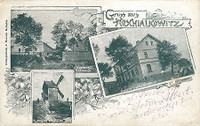 Hošťálkovice - hospoda Kubenka, pekárna (od roku 1929 sídlo trojtřídní měšťanské školy), historický větrný mlýn (v provozu do roku 1910) - rok 1905  