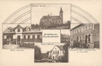 Hošťálkovice - kostel Všech svatých, pošta na ul. Hlavní, obchodní dům (prodejna Hruška na ul Hlavní), Obecná škola - rok 1925